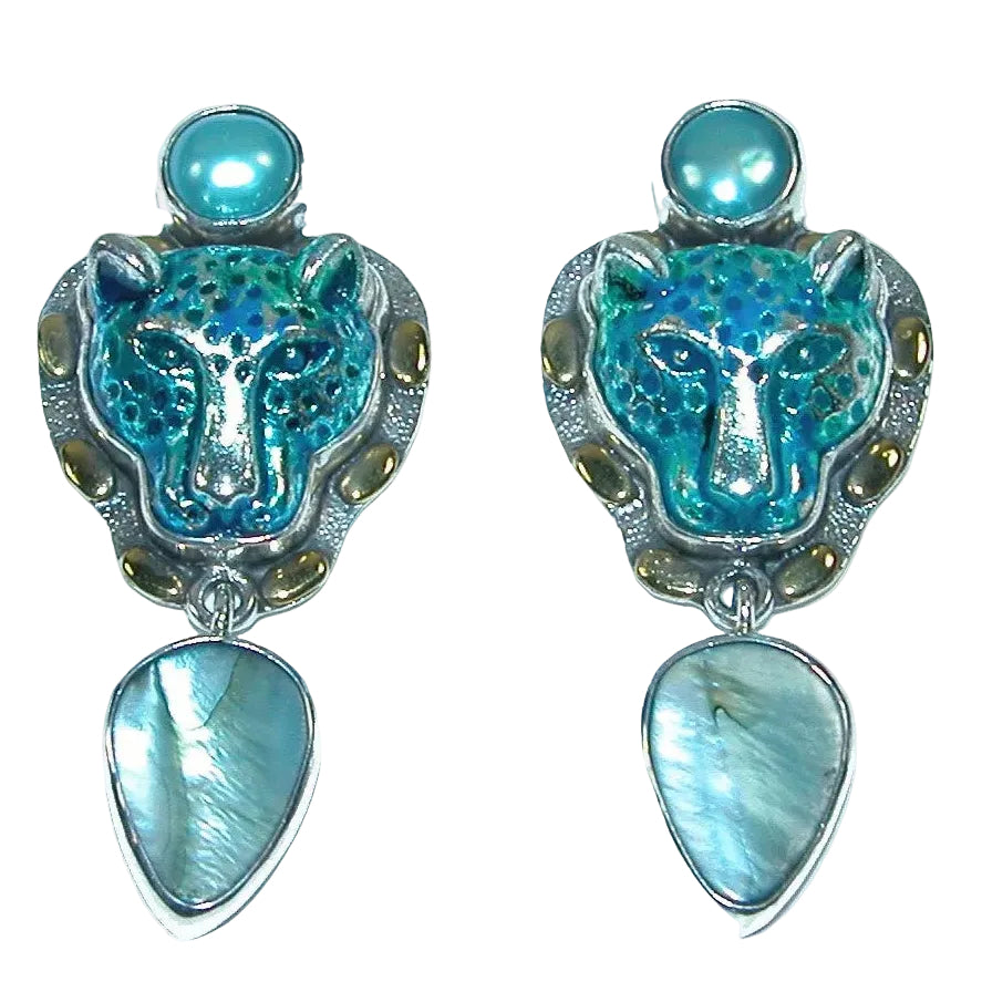 31784 Hand Enameled Tiger Freshwater Pearl Sterling Silver Earrings