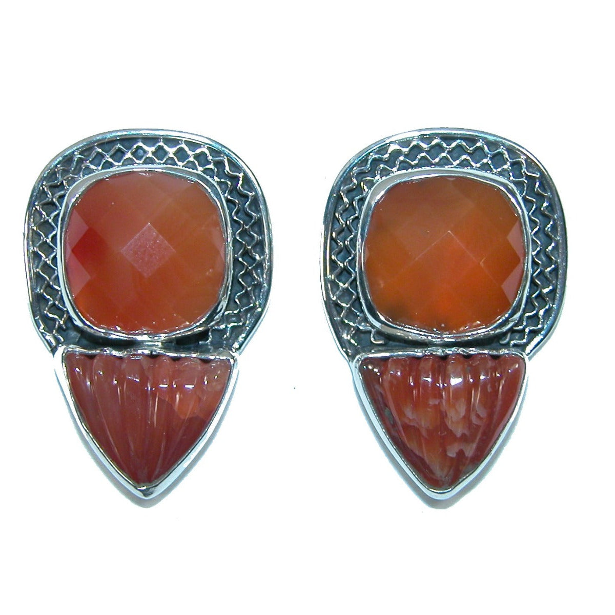 31786 Two Stone Carnelian Sterling Silver Post or Clip-On Earrings