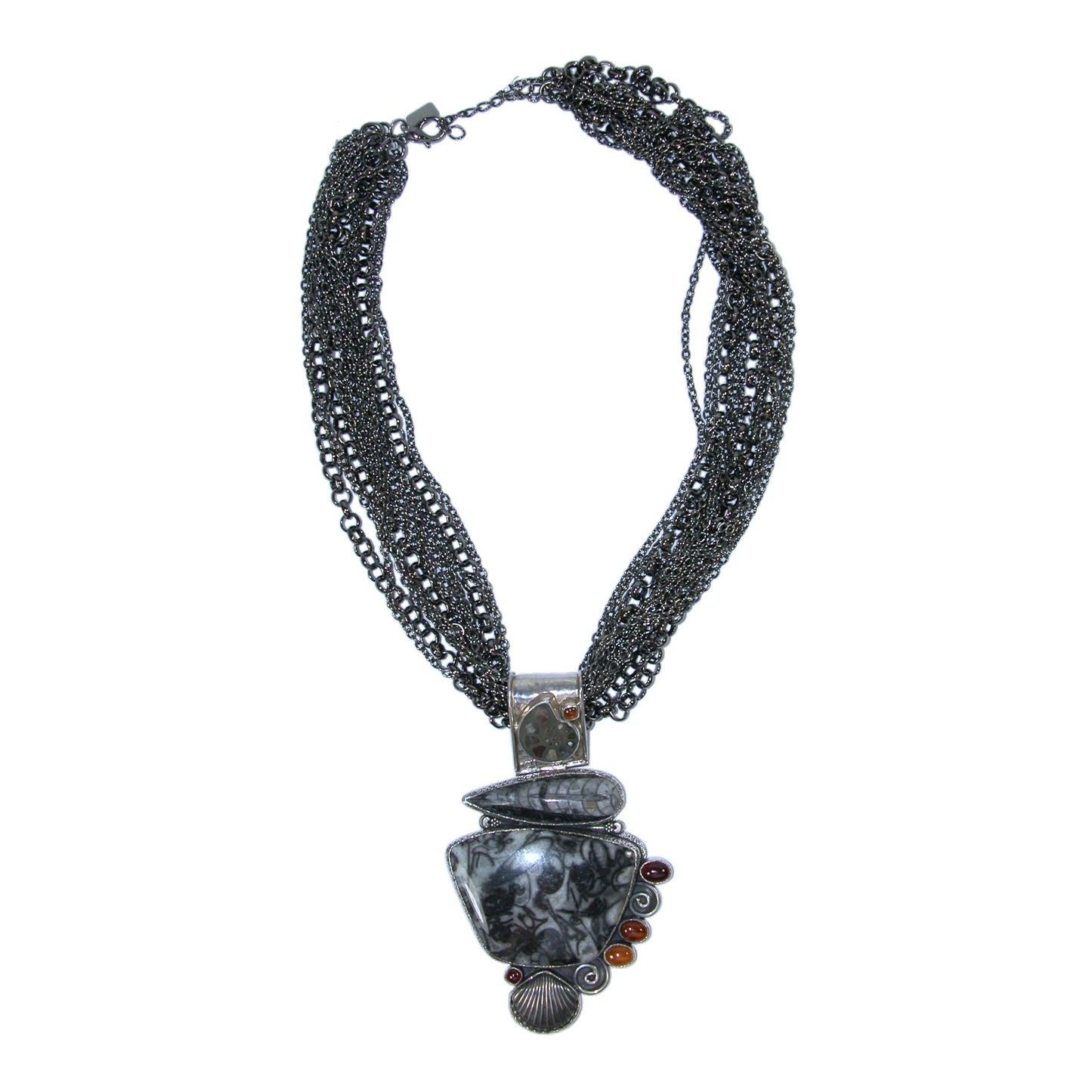 31795A Orthoceras Fossil, Garnet, Hessonite Sterling Silver Necklace