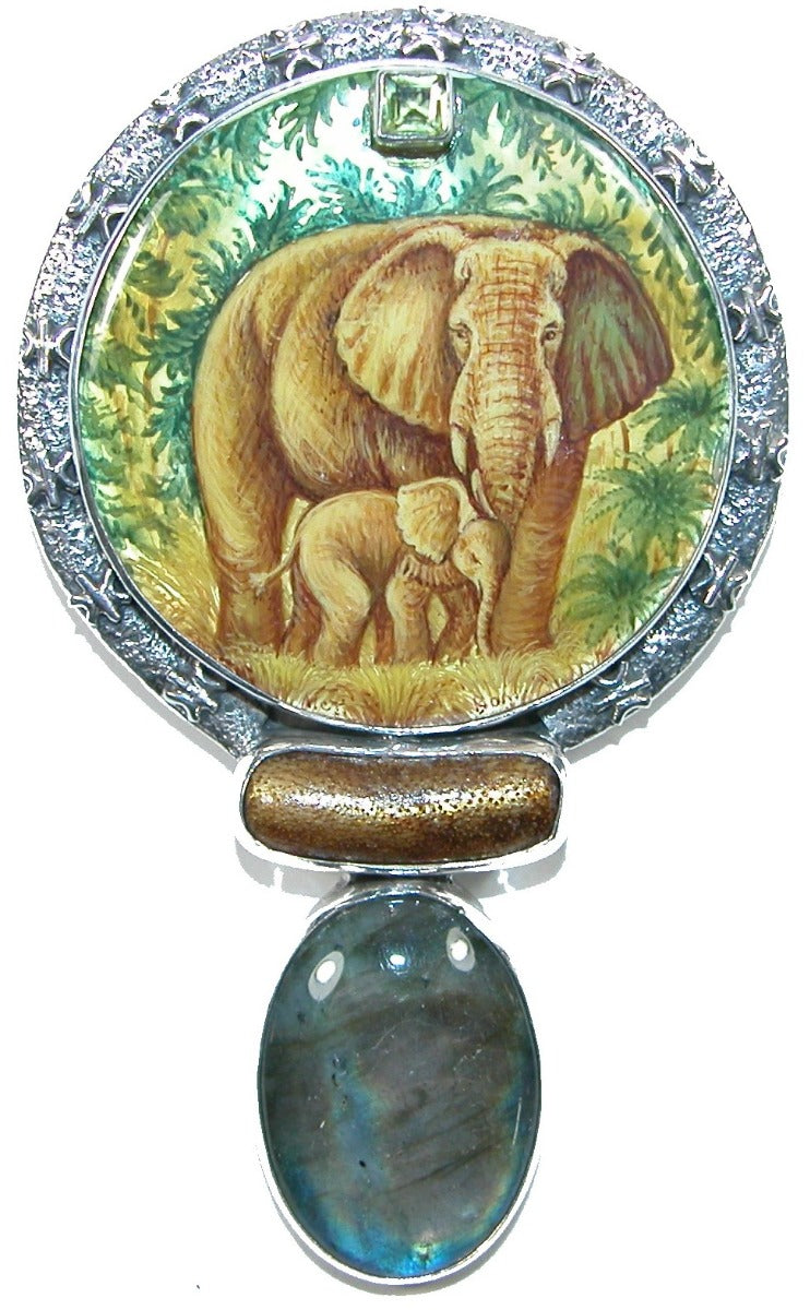 Hand Painted Elephants Labradorite Sterling Silver Pin Pendant