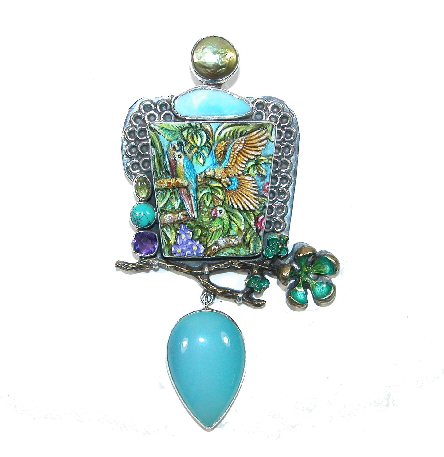 31813 Aquamarine Carved Hand Made Tile Sterling Silver Pin and Pedant
