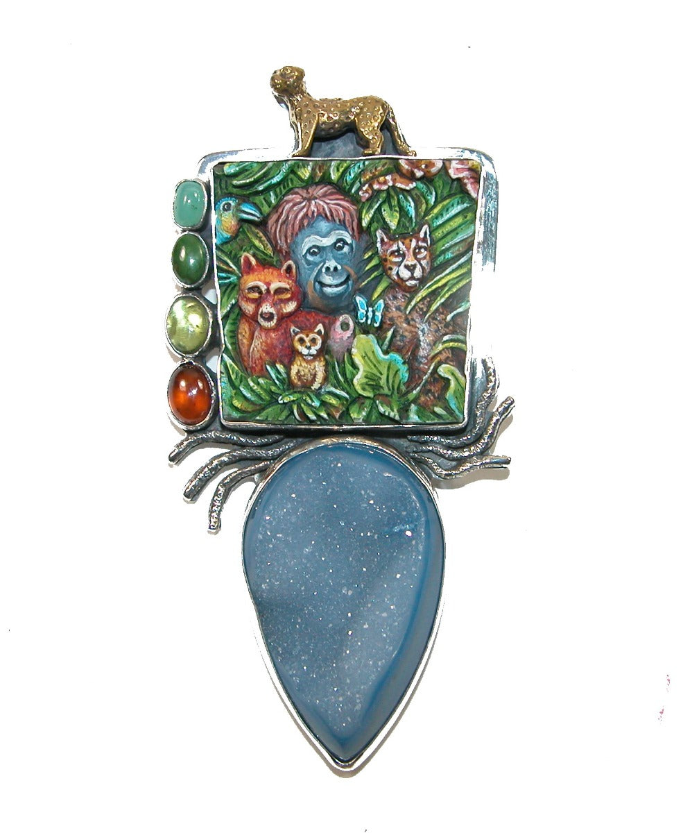 31816 Hand Carved Animal Kingdom Drusy Agate Sterling Silver Pin Pendant