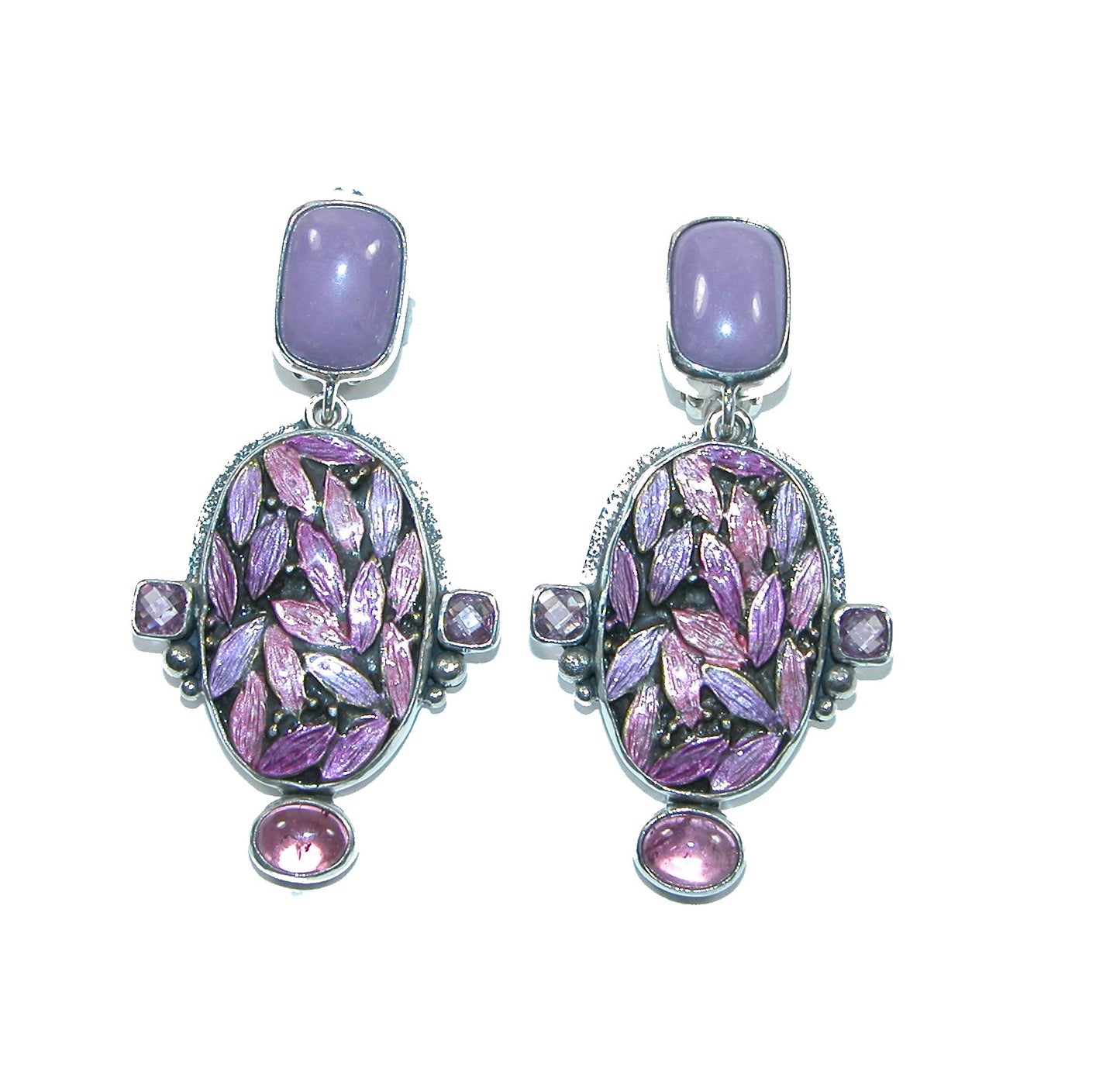 Hand Enameled Abstract Phosphosiderite, Pink Quartz, Hand Enamel Sterling Silver Earrings