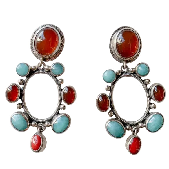 31854 Turquoise, Carnelian, Sea Bamboo, Sterling Silver Earrings