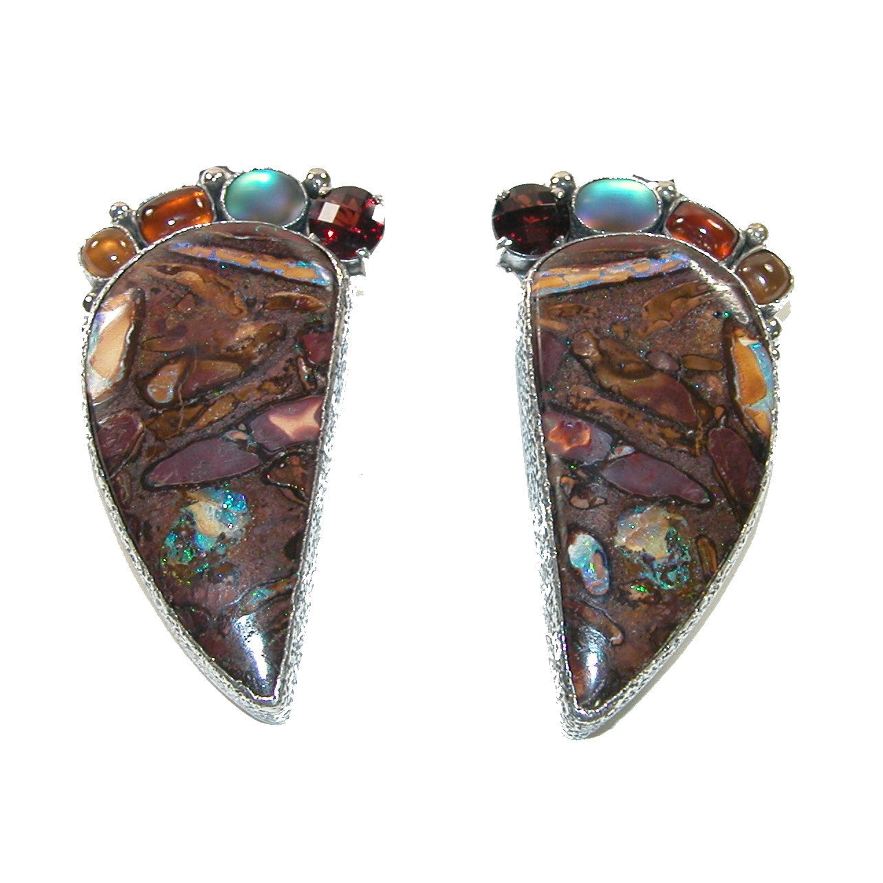 31858 Boulder Opal, Celestial Quartz, Hessonite Sterling Silver Earrings