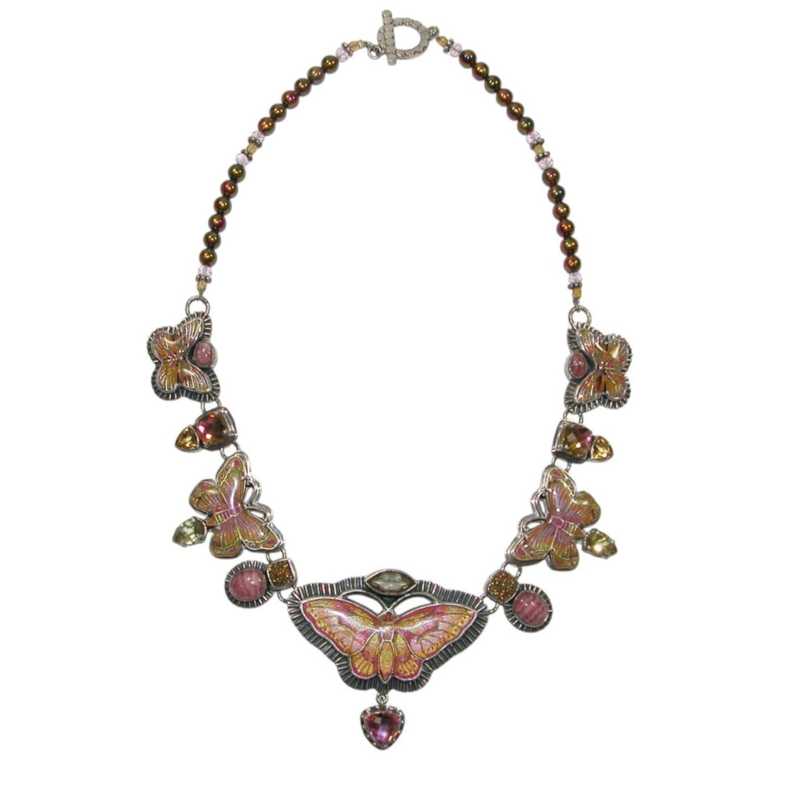 Hand Enameled Butterfly Necklace with Rhodochrosite Sterling Silver Necklace