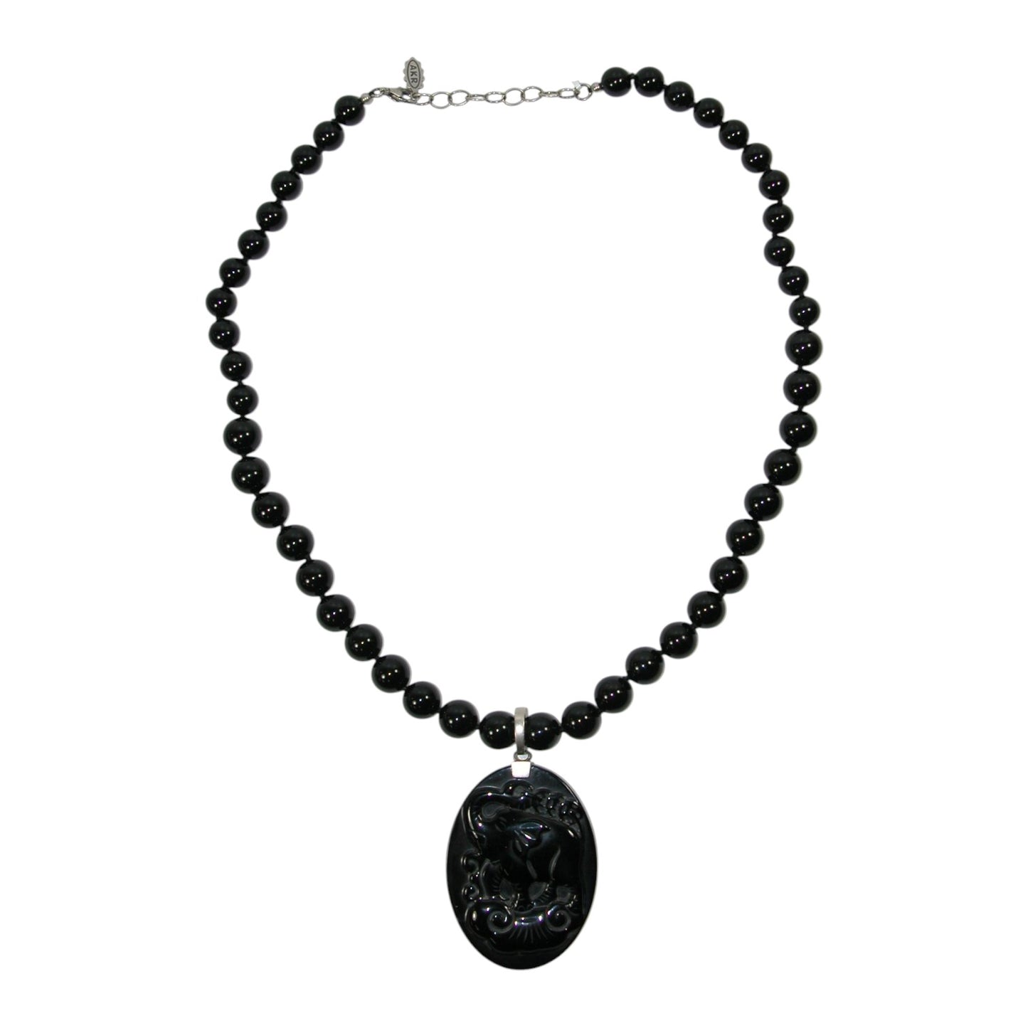 31877A Carved Horse Elephant Black Onyx Beaded Sterling Silver Necklace