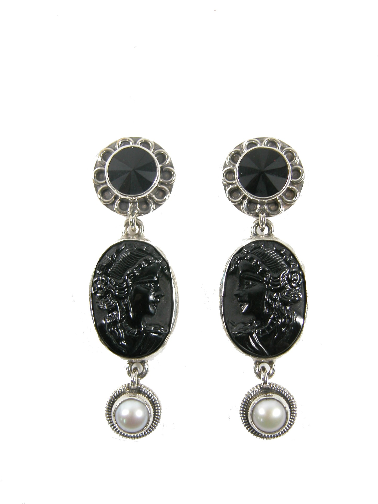 Carved Black Onyx, Freshwater Pearl Sterling Silver Earrings 31889