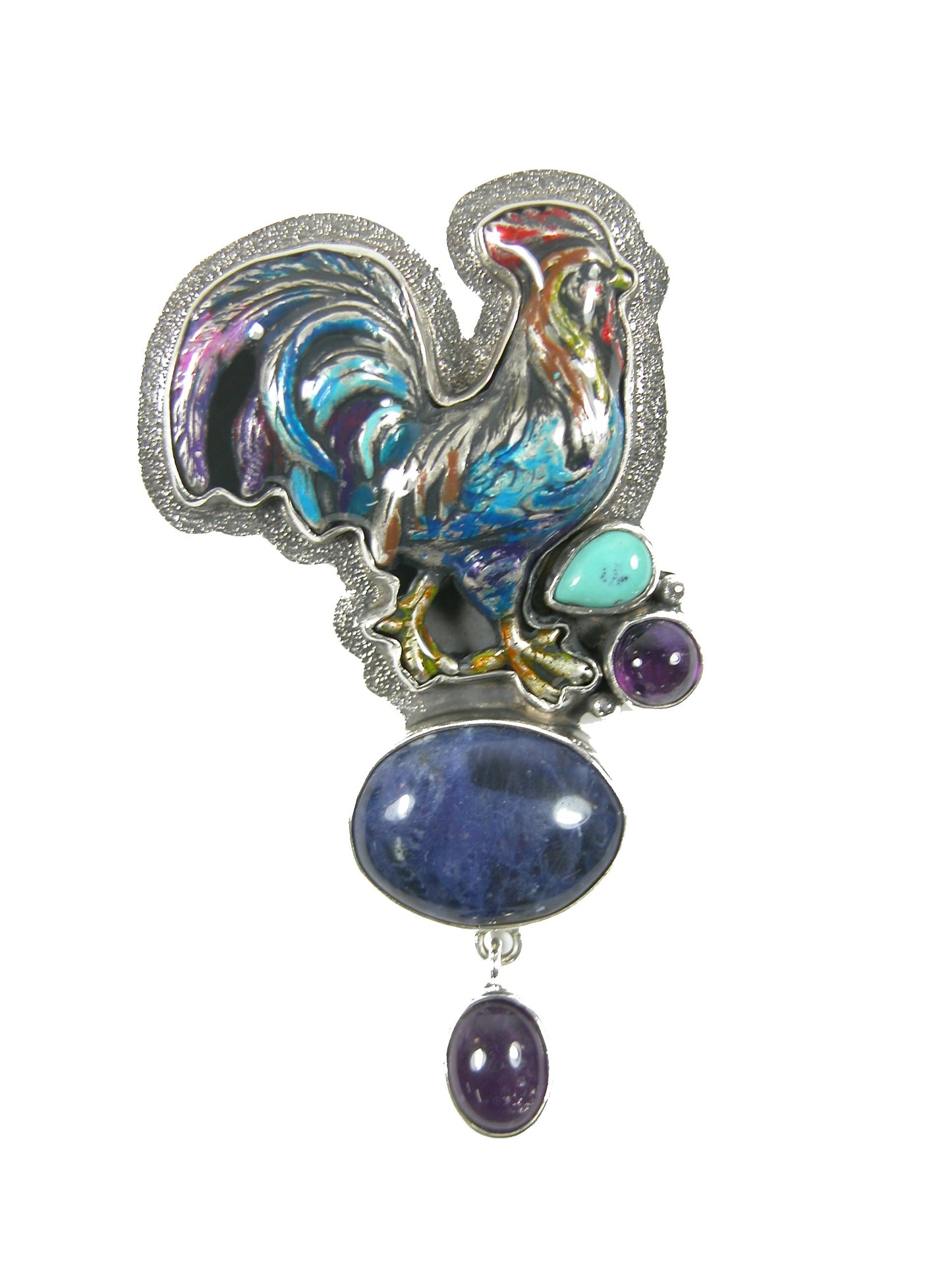 31897 Hand Enamel Rooster, Lapis, Amethyst, Turquoise Sterling Silver Pin and Pendant