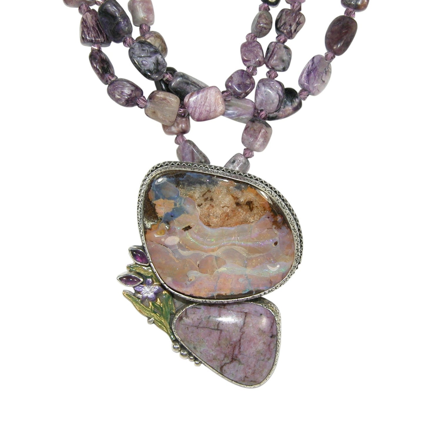Boulder Opal, Amethyst, Charoite Beaded Sterling Silver Necklace