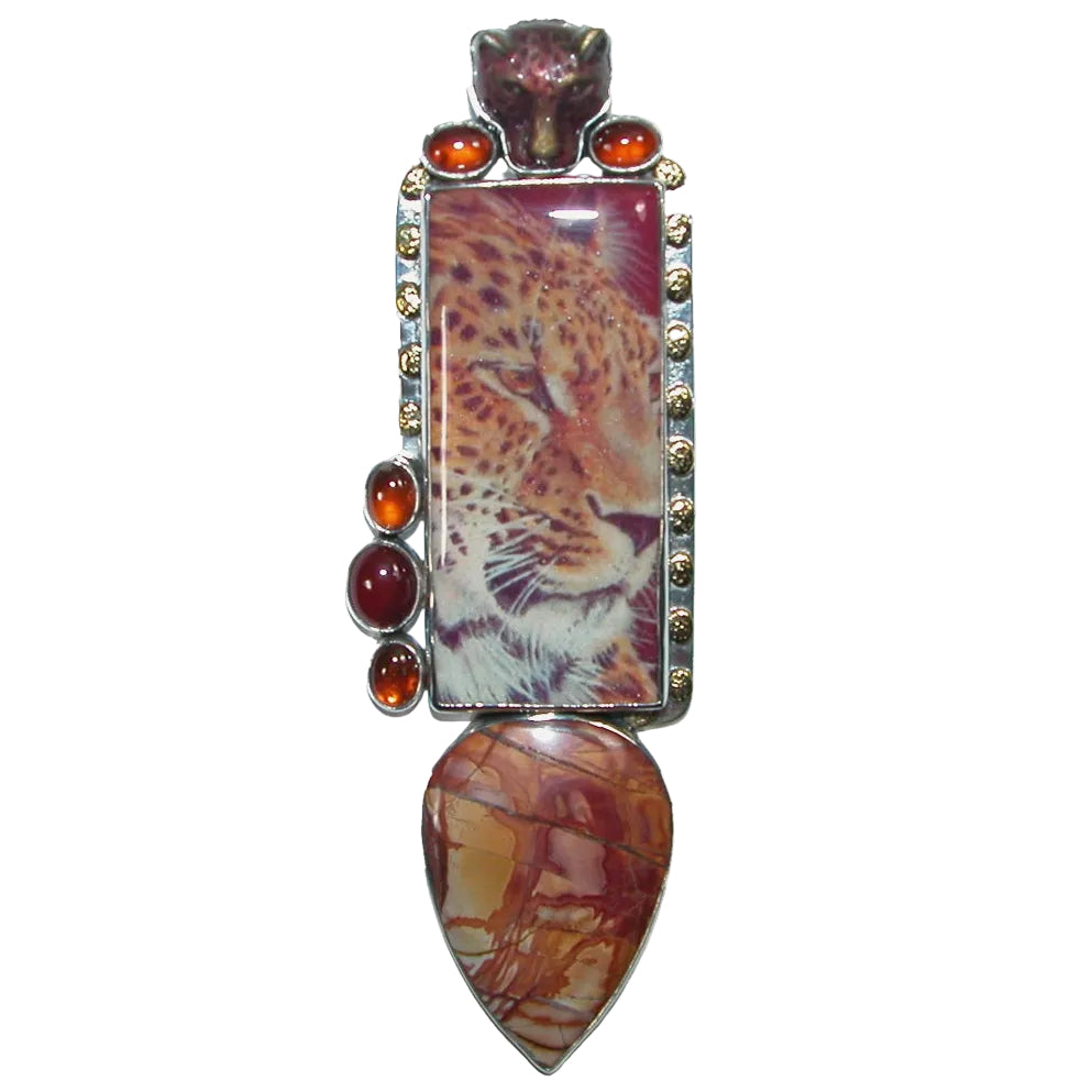 31909 Carnelian, Hessonite, Jasper Hand Made Tile Sterling Silver Pin and Pendant