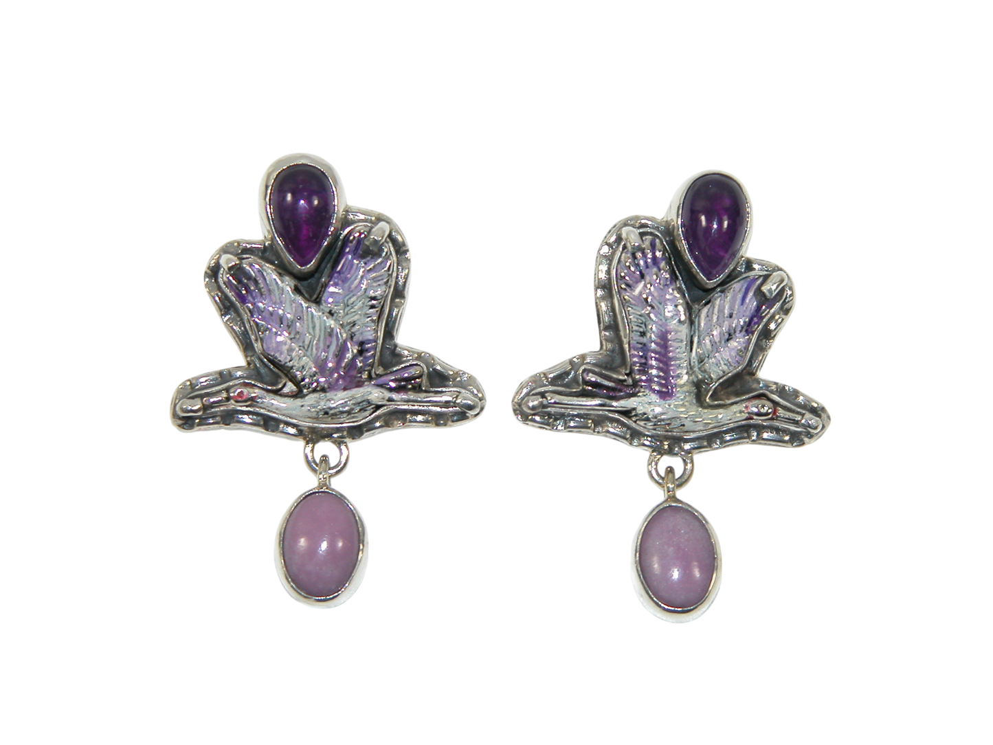 31825B Amethyst Enameled Crane Sterling Silver Earring