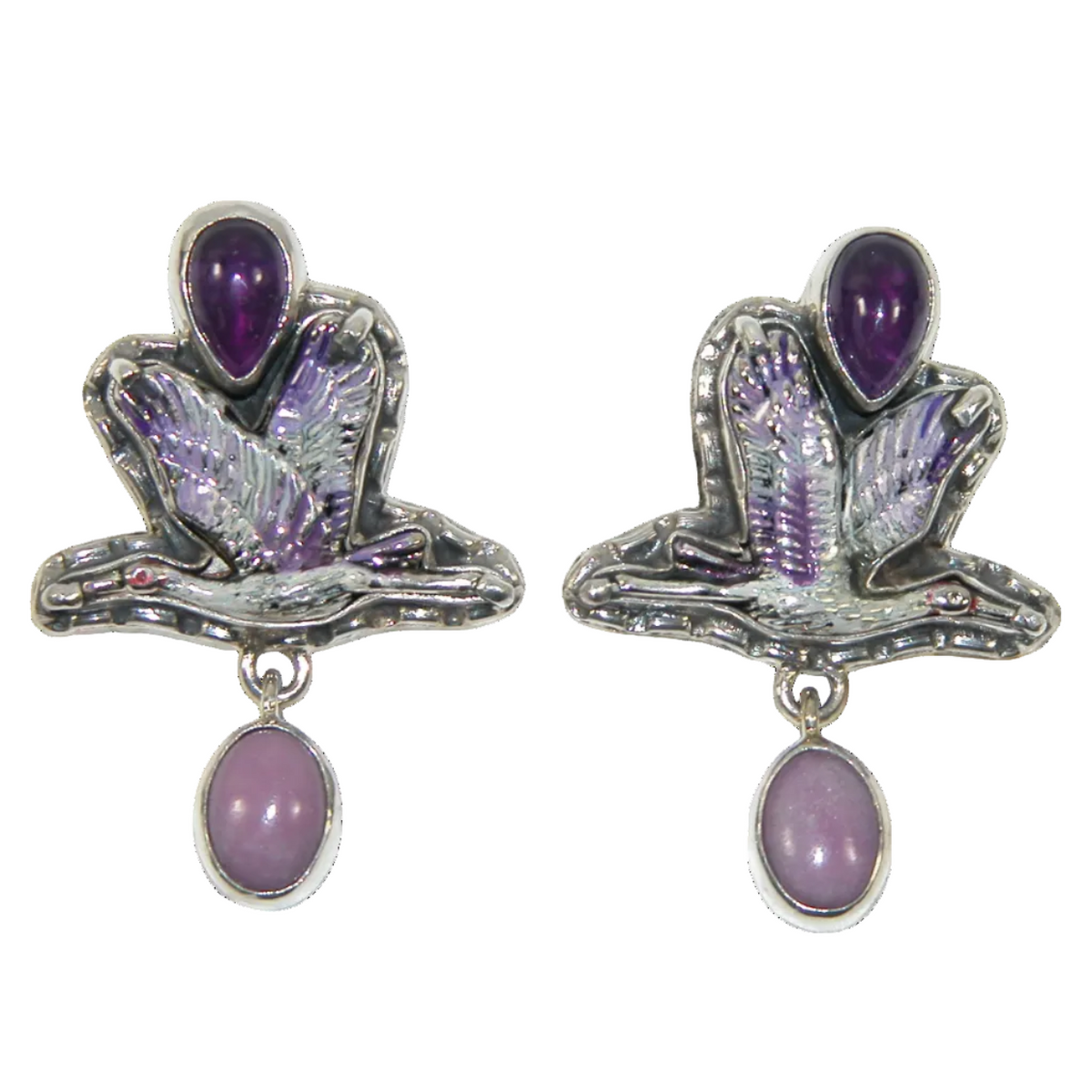 31825B Amethyst Enameled Crane Sterling Silver Earring
