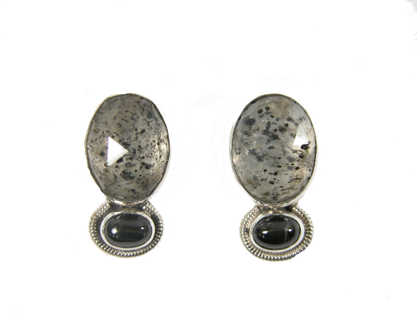 Two Stone Hypersthene and Dendritic Agate Post or Clip-On Earrings