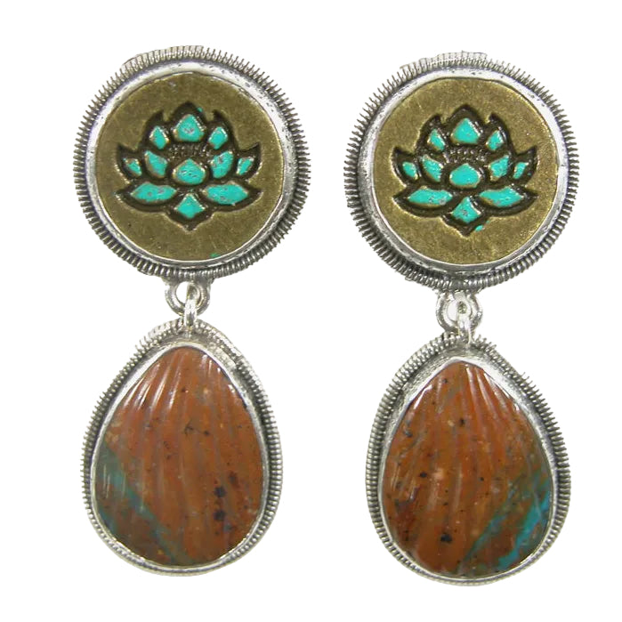 31950 Turquoise, Hand Enameled Lotus Sterling Silver Earrings