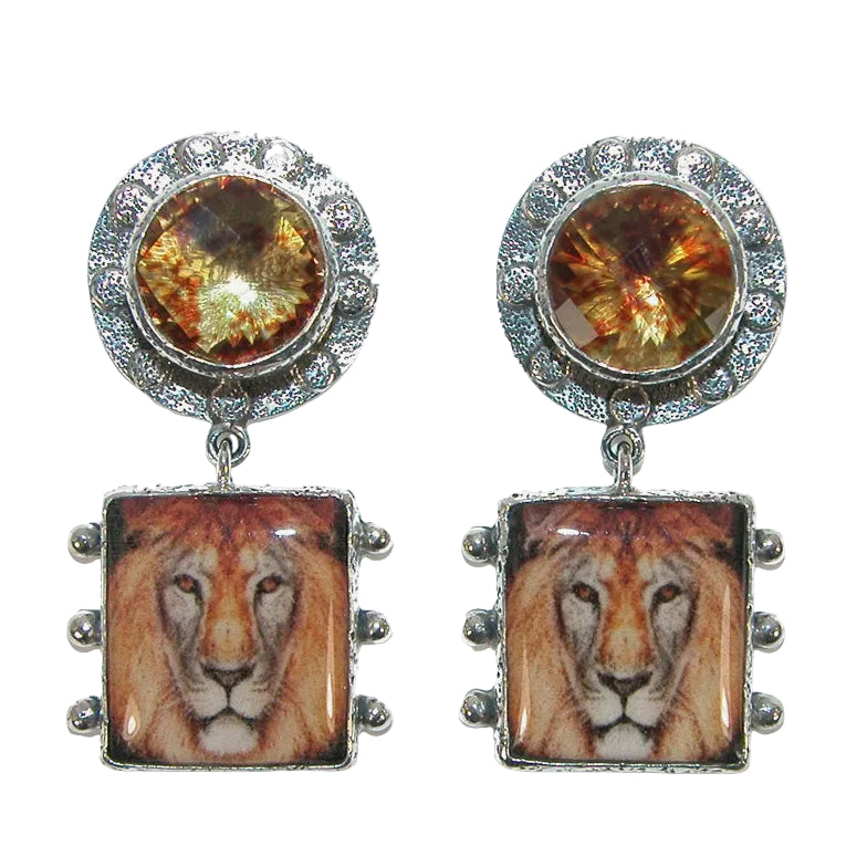 31952 Enamel in Quartz, Handmade Tile Lion, Sterling Silver Earrings