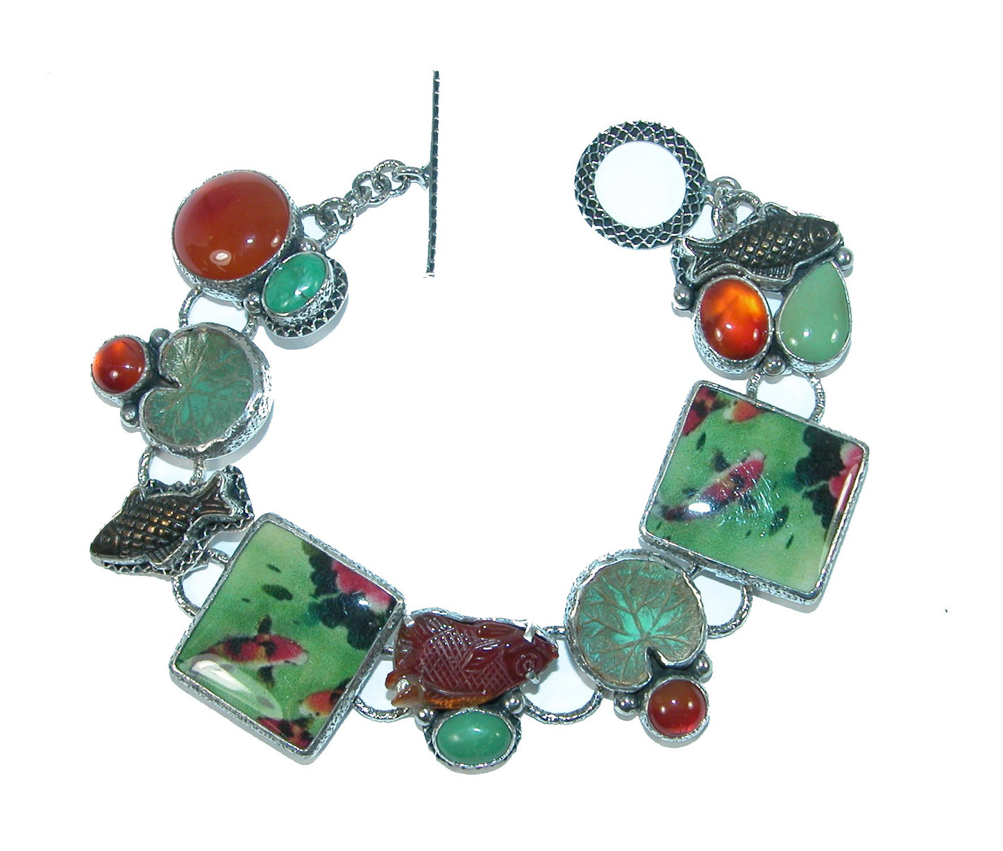 Carnelian, Hand Made Tile Koi Fish Sterling Silver Bracelet