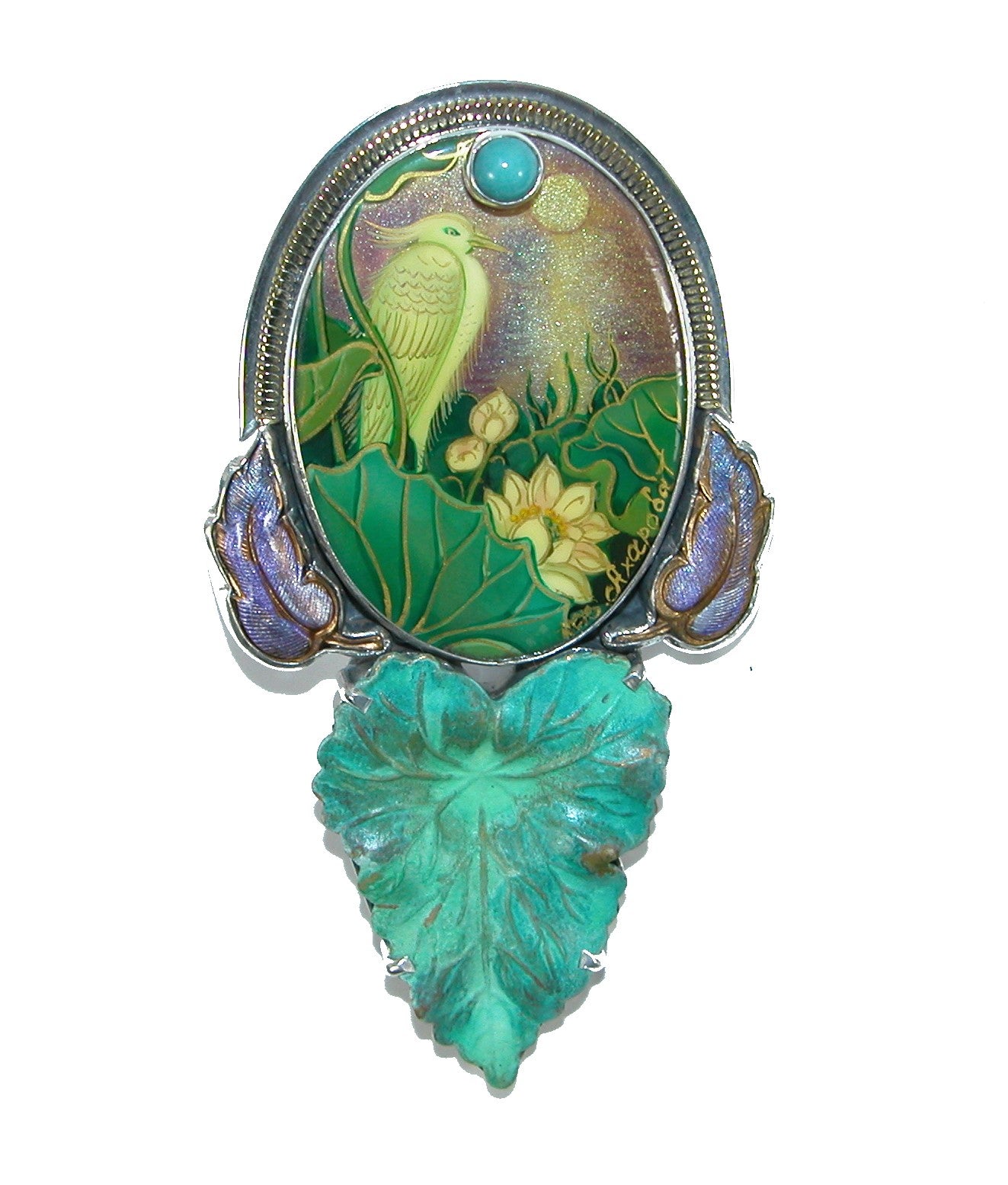 Hand Painted Crane on Mother of Pearl with Hand Enameled Leaf and Amazonite Sterling Silver Pin Pendant