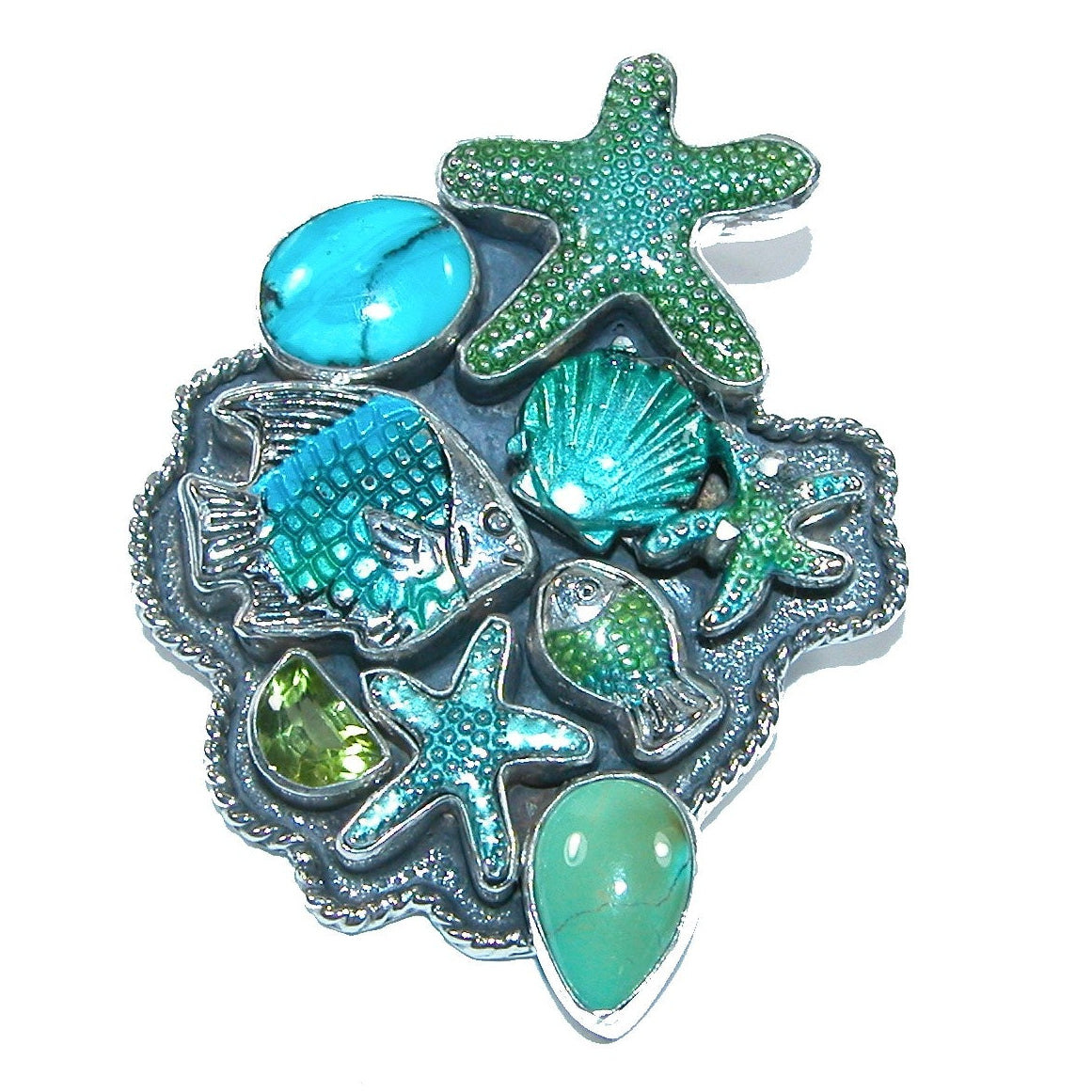 31989 Hand Enameled Sealife with Turquoise and Peridot Sterling Silver Pin and Pendant