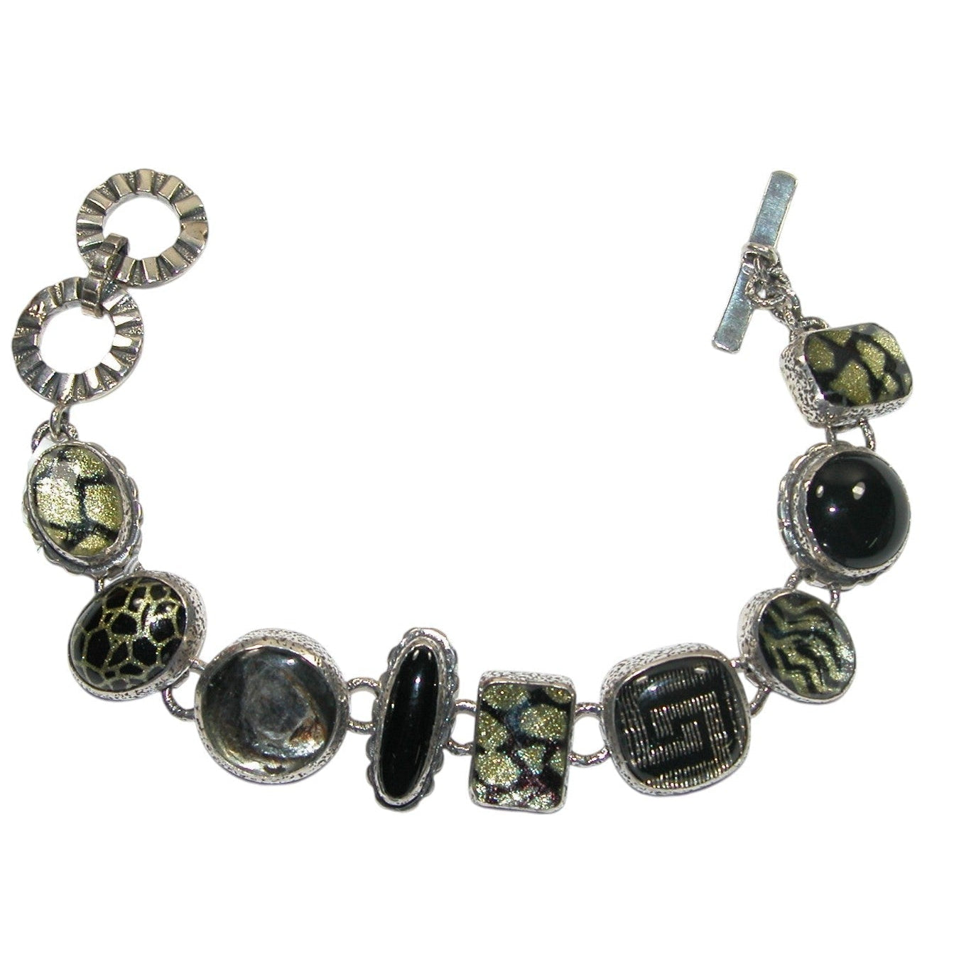 31998 Gold Foil Under Quartz, Tapestry, Black Onyx Sterling Silver Bracelet