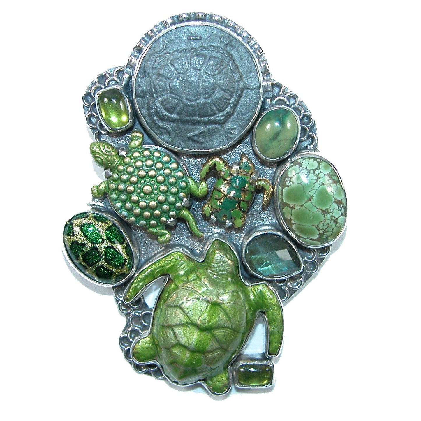 Hand Enamel Turtle, Coin, Labradorite, Green Turquoise Sterling Silver Pin Pendant