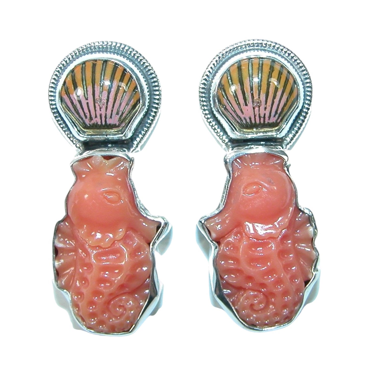 32005 Hand Carved Seahorse, Hand Enameling Seashell Sterling Silver Earrings