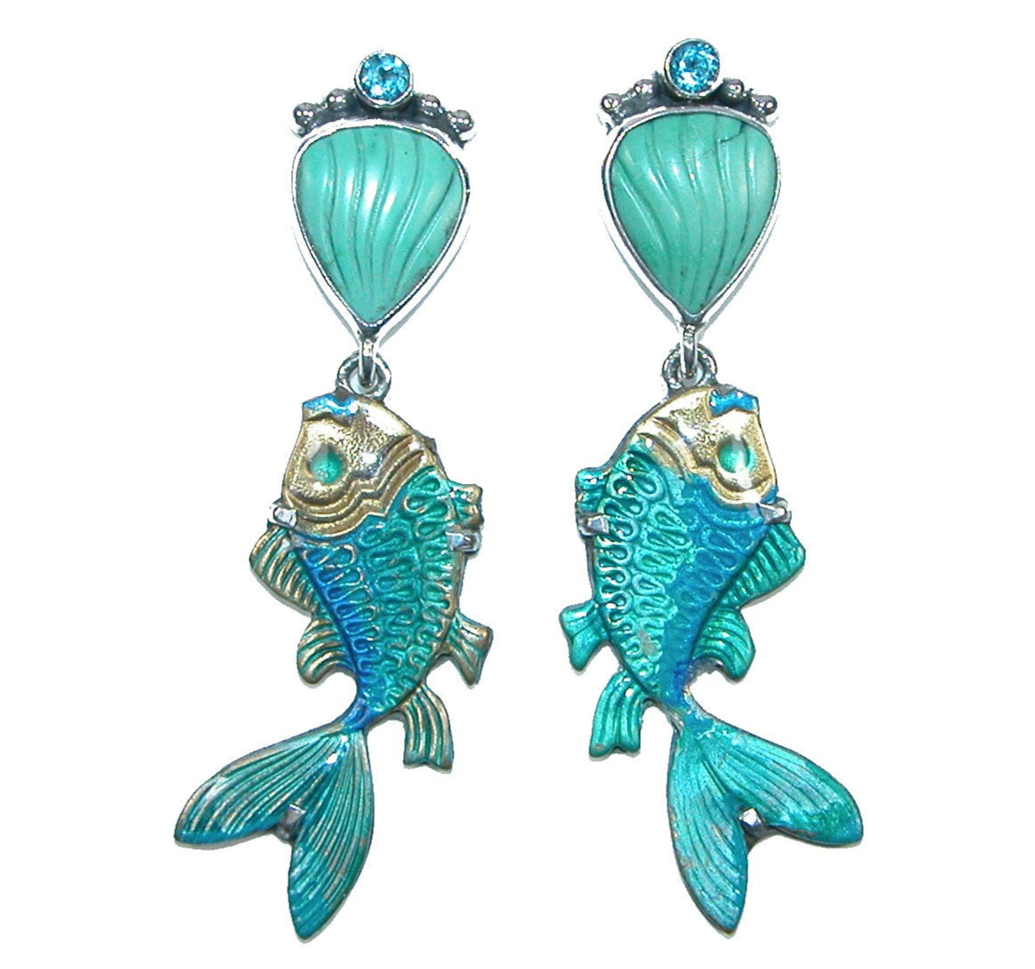 32014 Teal Seashell Blue Topaz Enamel Dangling Fish Earrings