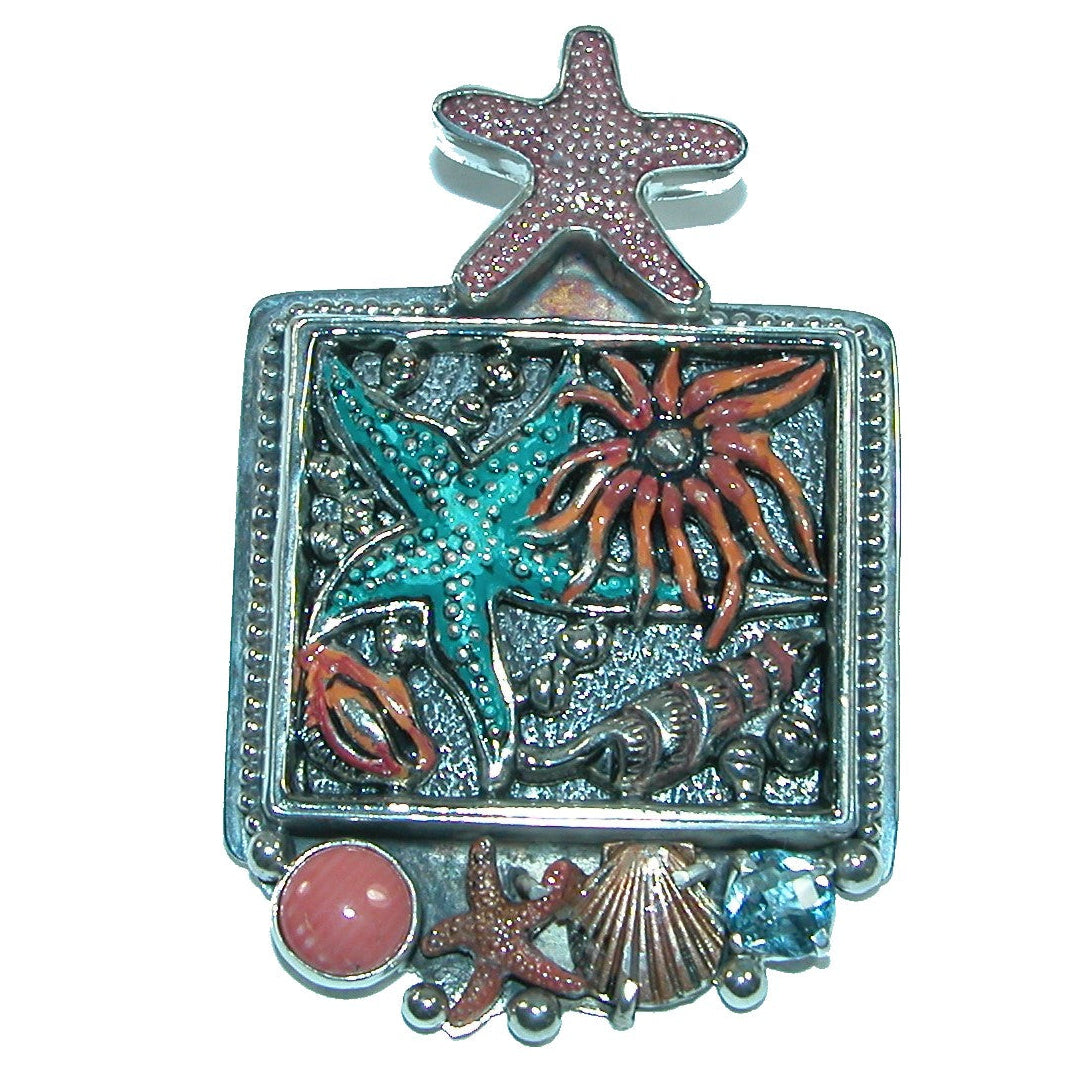32038 Topaz, Coral, Hand Enameling Sealife Sterling Silver Pin and Pendant