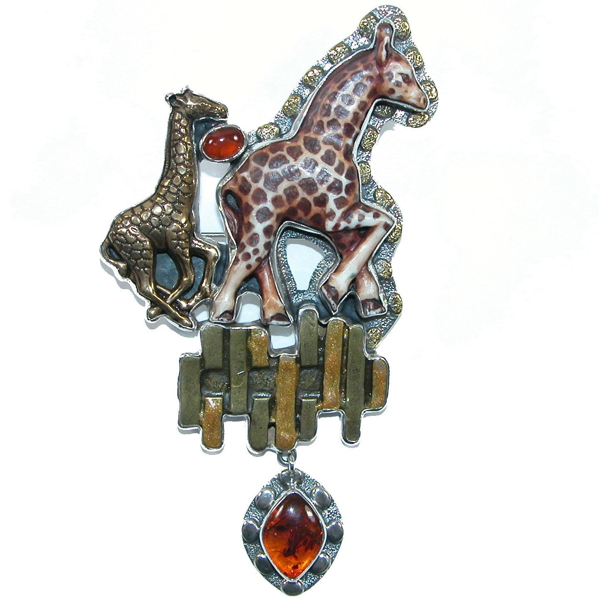 32069 Hand Carved Bone Giraffe with Carnelian and Baltic Amber Sterling Silver Pin Pendant