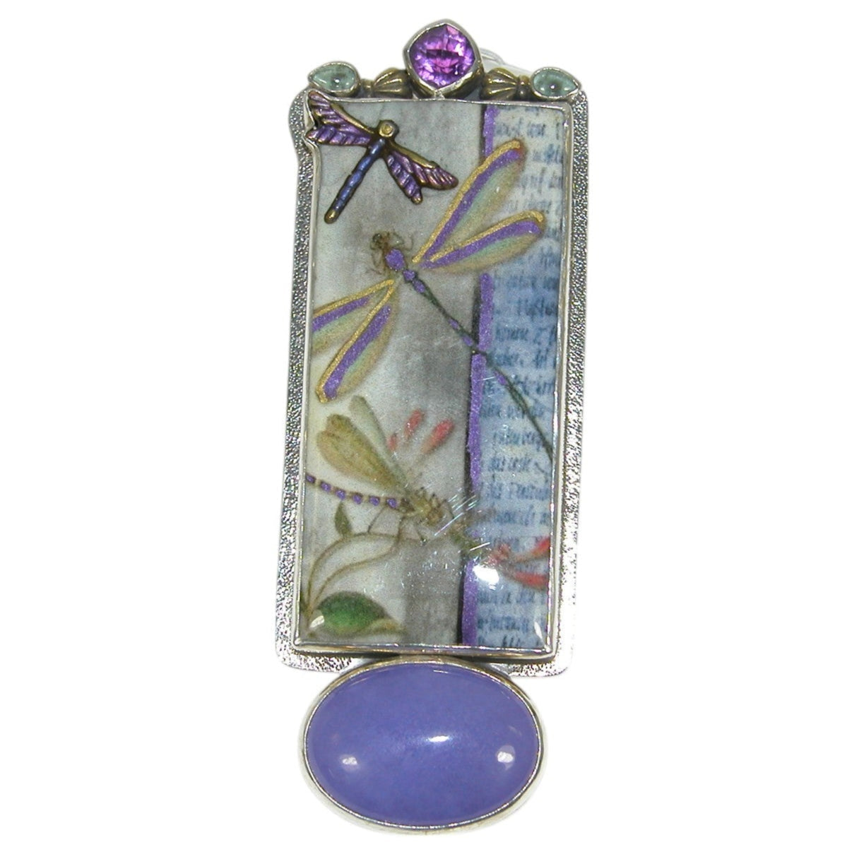 32075A Hand Made Dragonfly Tile with Amethyst, Blue Topaz, Agate Sterling Silver Pin and Pendant