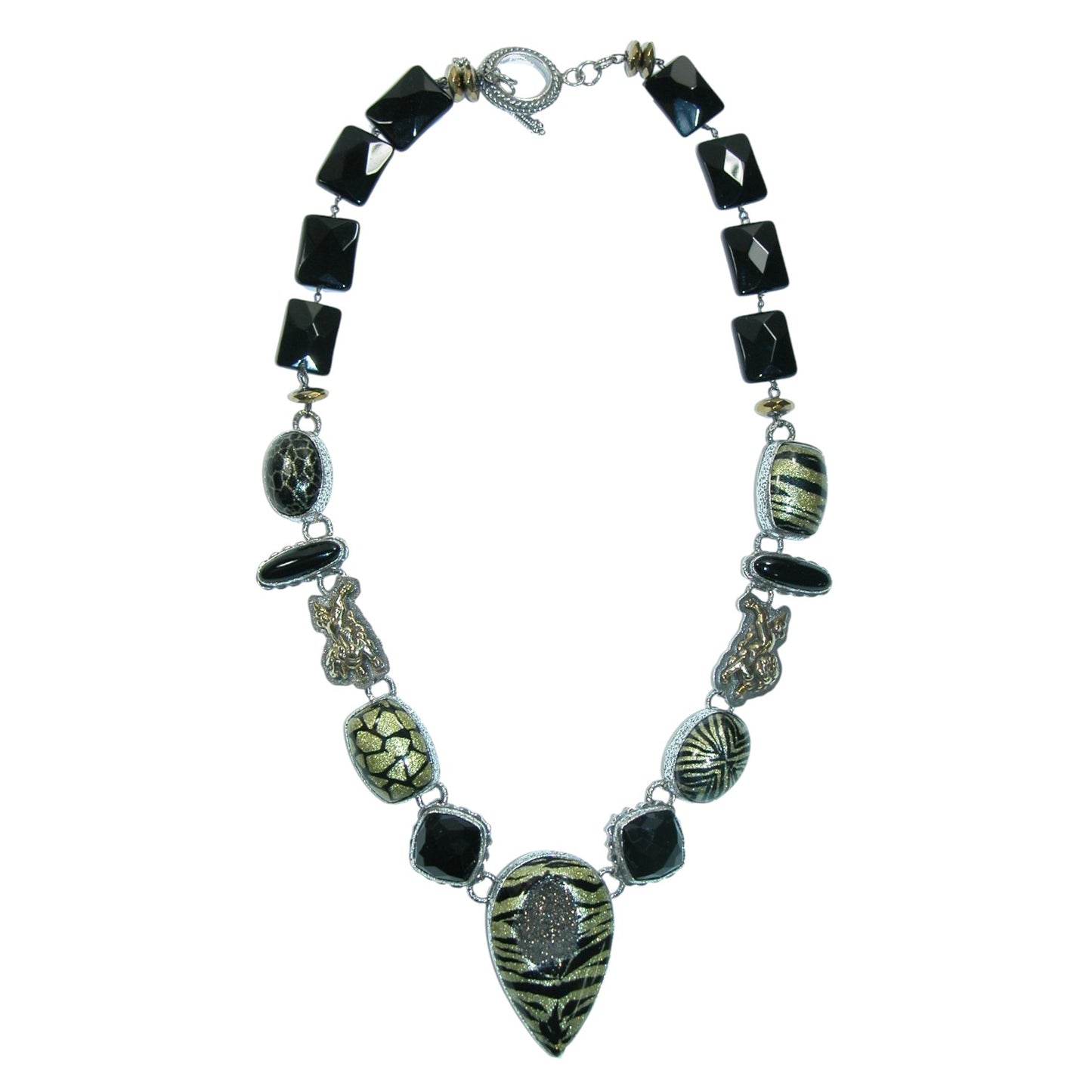32079 Black Onyx, Quartz, Drusy Safari Beaded Sterling Silver Necklace