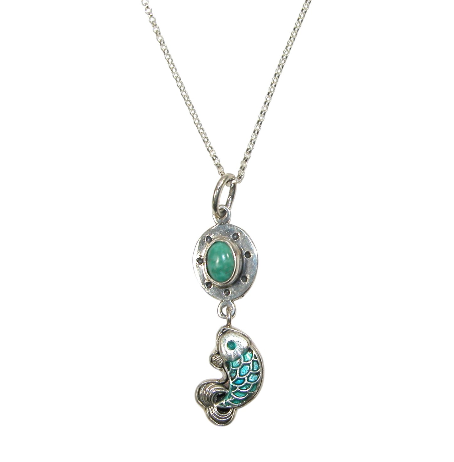 32084A Turquoise Fish Hand Enameling Sterling Silver Necklace