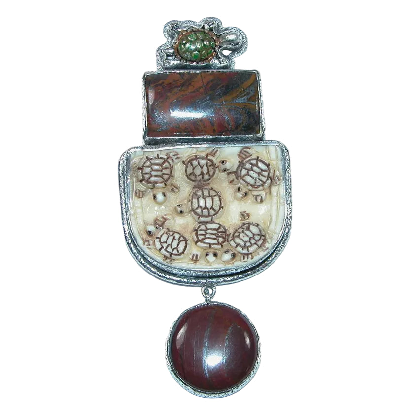 32106 Hand-Carved Bone Turtle, Jasper, Sterling Silver Pin / Pendant