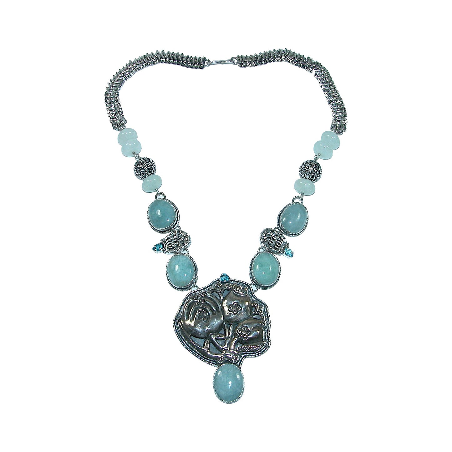 Blue Topaz, Aquamarine, Antique Silver Beaded Sterling Silver Necklace