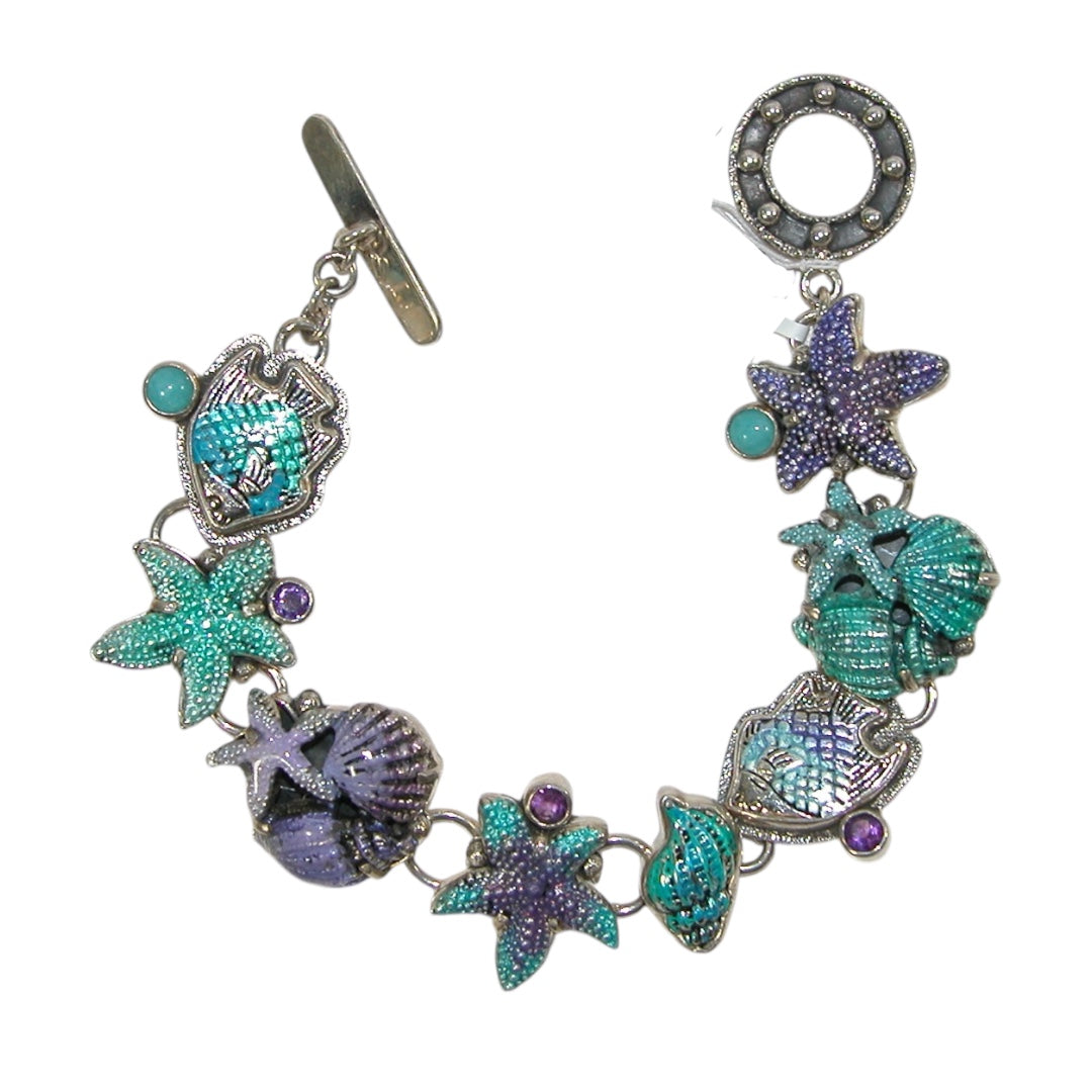Sea Life Hand Enamel Turquoise Sterling Silver Bracelet