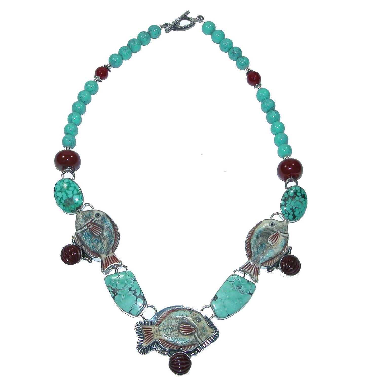 Turquoise Beaded Fish Sterling Silver Necklace