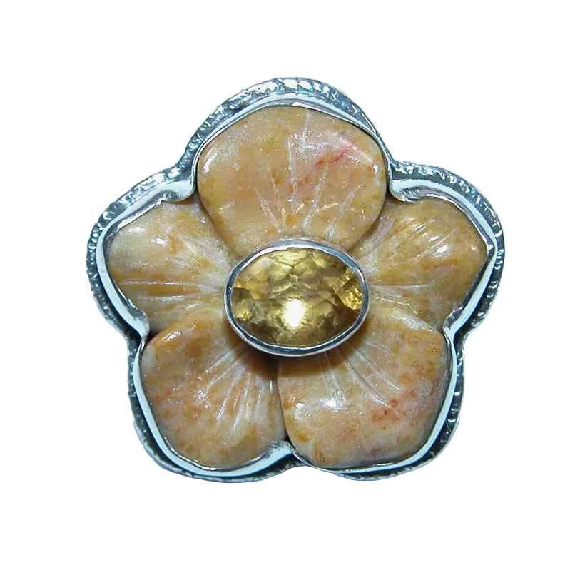 32136 Carved Flower Citrine Sterling Silver Pin / Pendant