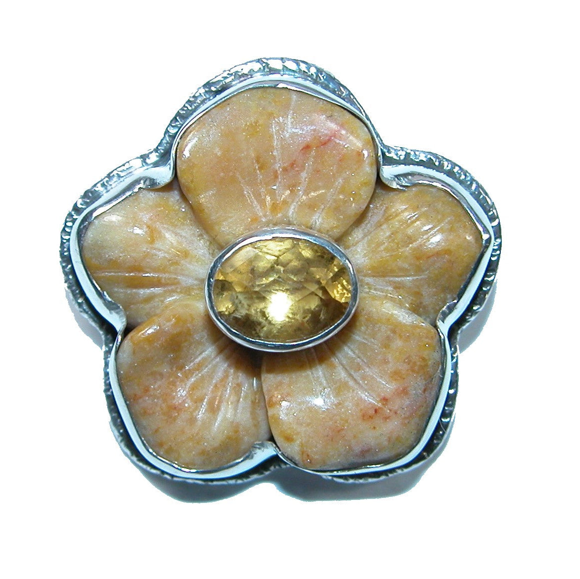 32136 Carved Flower Citrine Sterling Silver Pin and Pendant