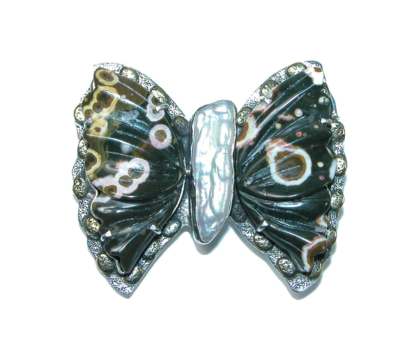 Jasper and Freshwater Pearl Butterfly Sterling Pin and Pendant