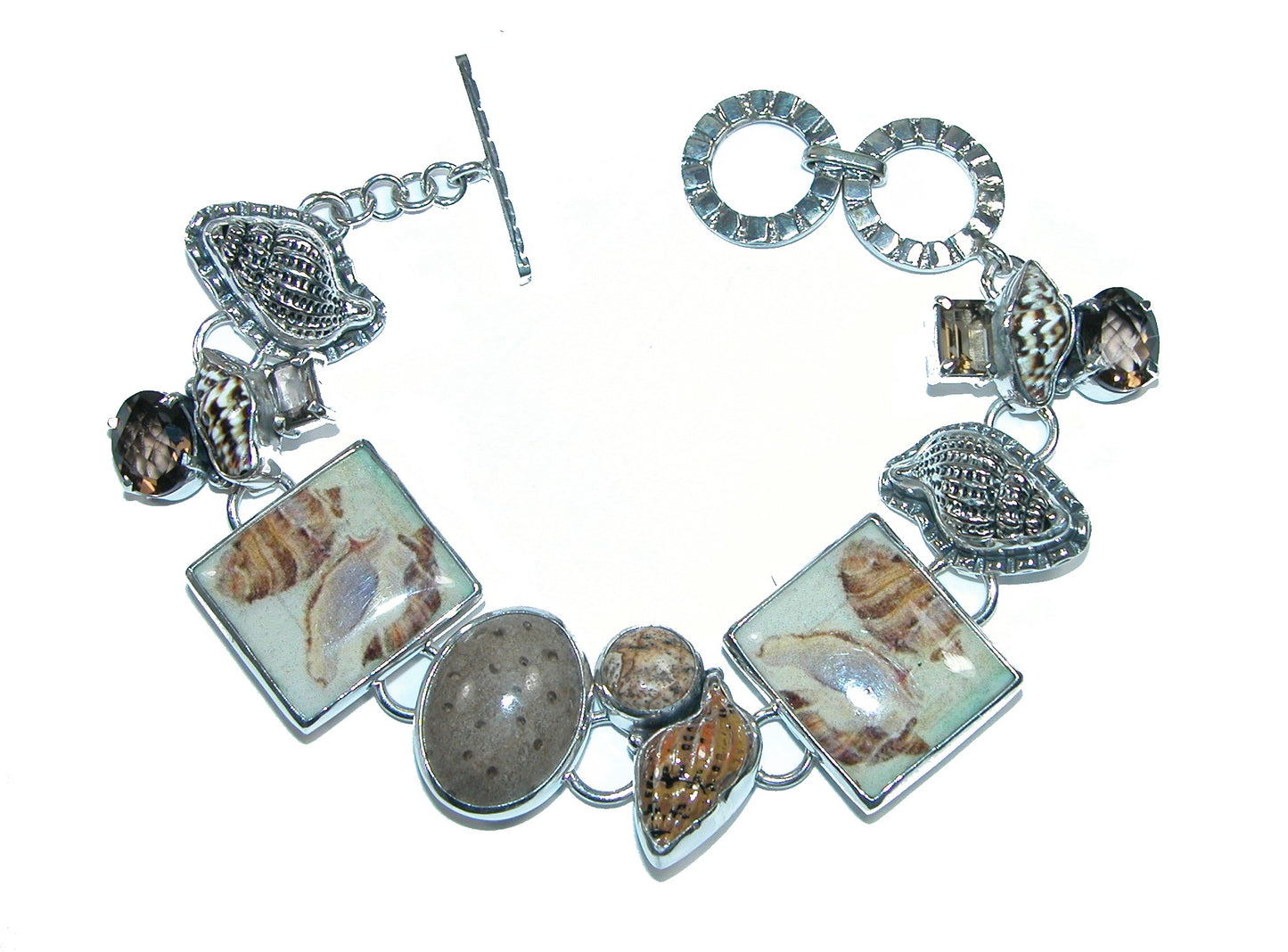 32151 Smokey Quartz Shell Tile Enamel Sterling Silver Bracelet