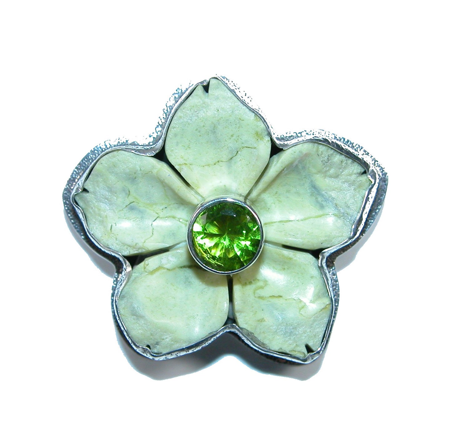 32154 Carved Serpentine Jade Flower, Peridot Sterling Silver Pin and Pendant