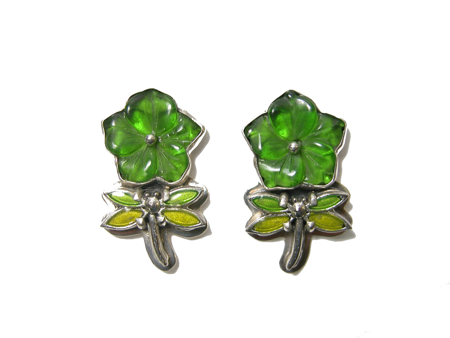 32164 Carved Green Glass Flower Sterling Silver Earrings