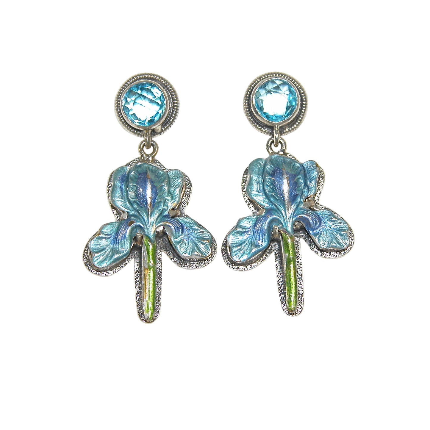 32168 Blue Iris Topaz Hand Enameling Sterling Silver Earrings