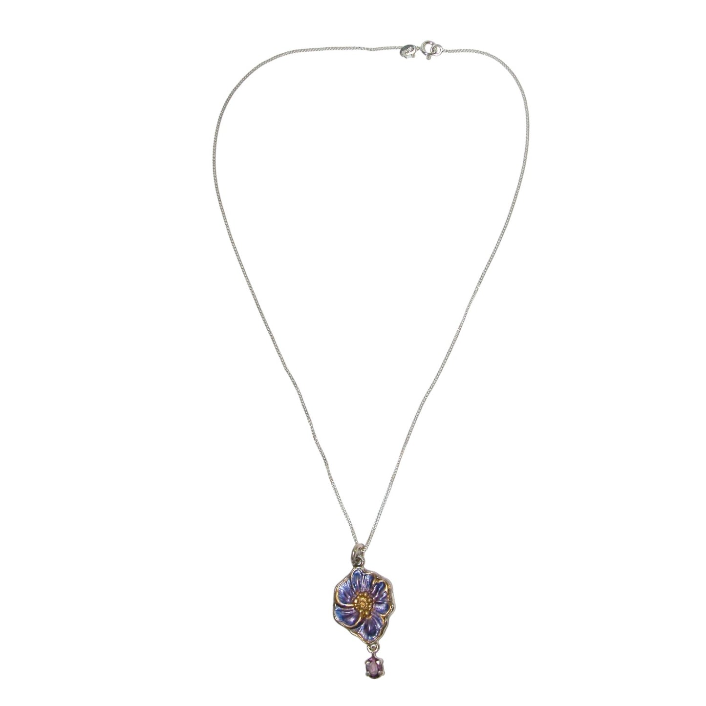 32177A Hand Enameled Flower Amethyst Sterling Silver Necklace