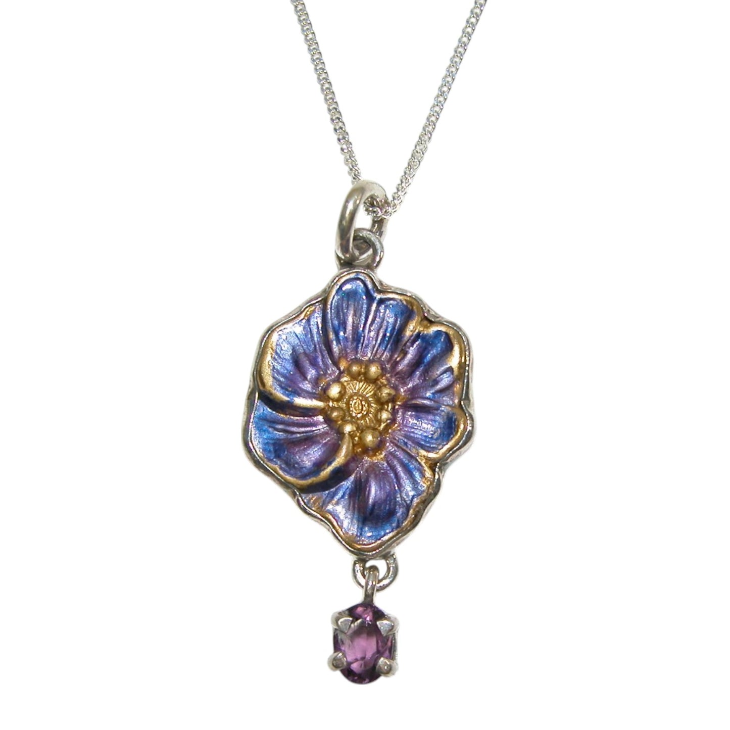 32177A Hand Enameled Flower Amethyst Sterling Silver Necklace