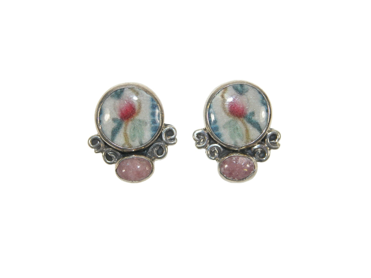 32196 Hand Enamel Tile, Rhodonite, Sterling Silver Earrings