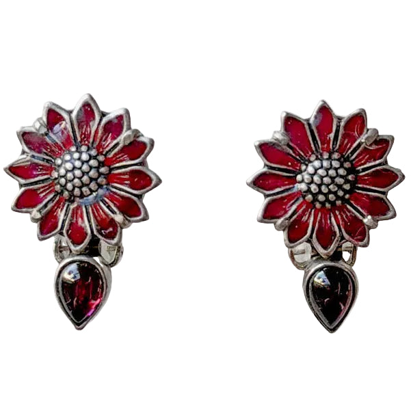 32197D Hand-Enameled Flower, Garnet, Sterling Silver Earrings