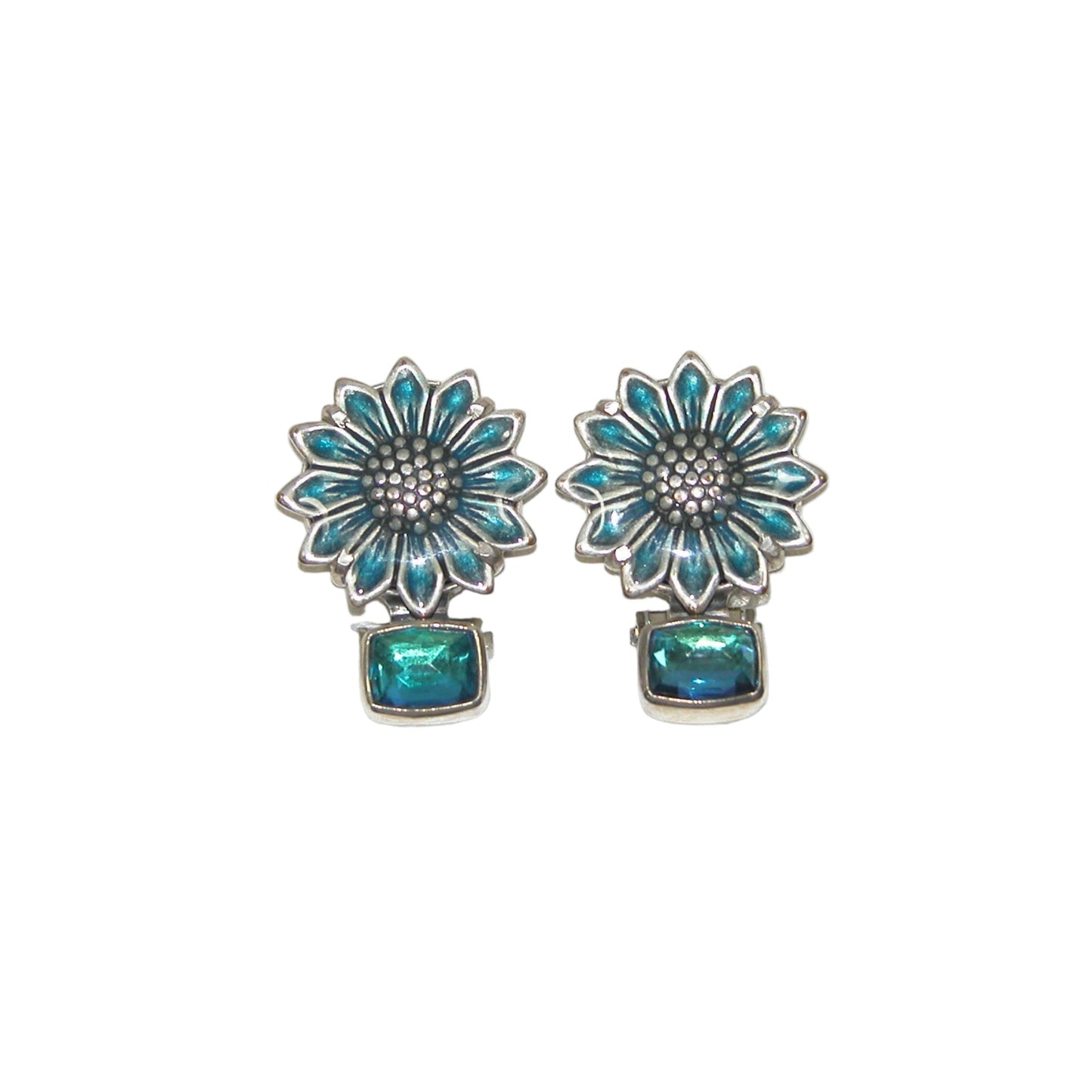 32197 Hand Enameled Flower, Blue Quartz, Sterling Silver Earrings