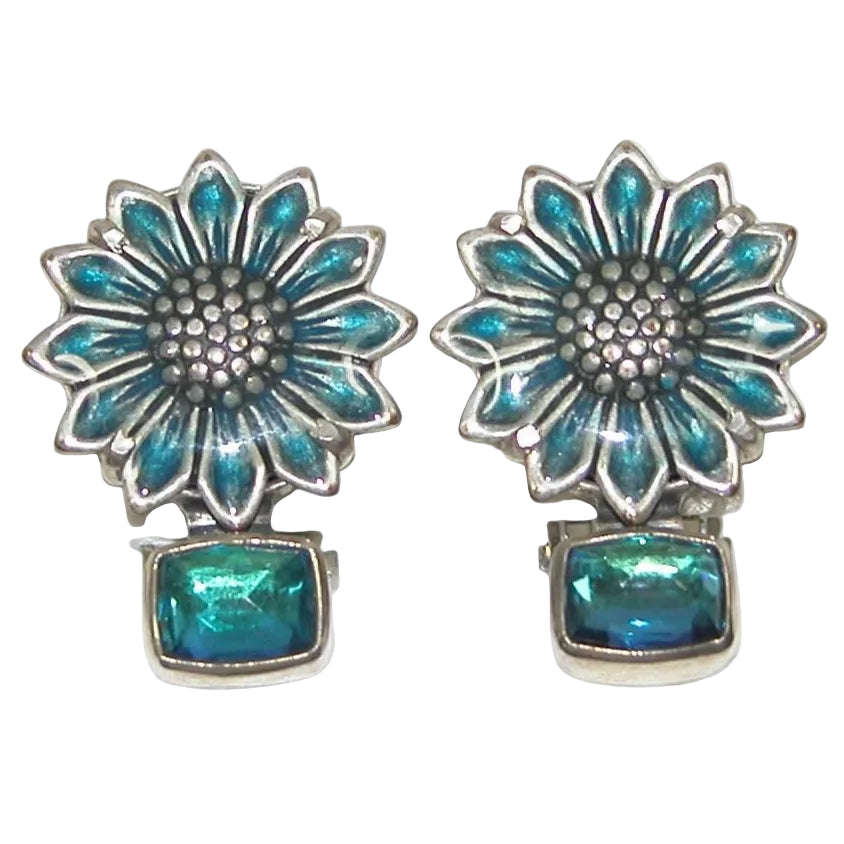 32197 Hand Enameled Flower, Celestial Quartz, Sterling Silver Earrings