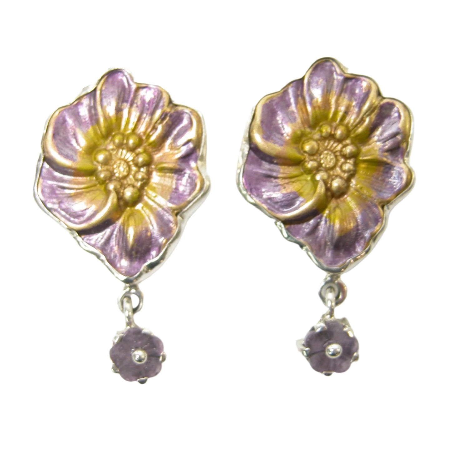 Hand Enameled Flower with Hand Made Glass Flower Sterling Silver Earrings
